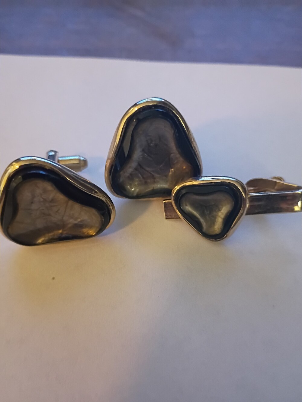 Shields Stamped Cufflink Tie Clip Set With Smokey Translucent Style Gold Tone